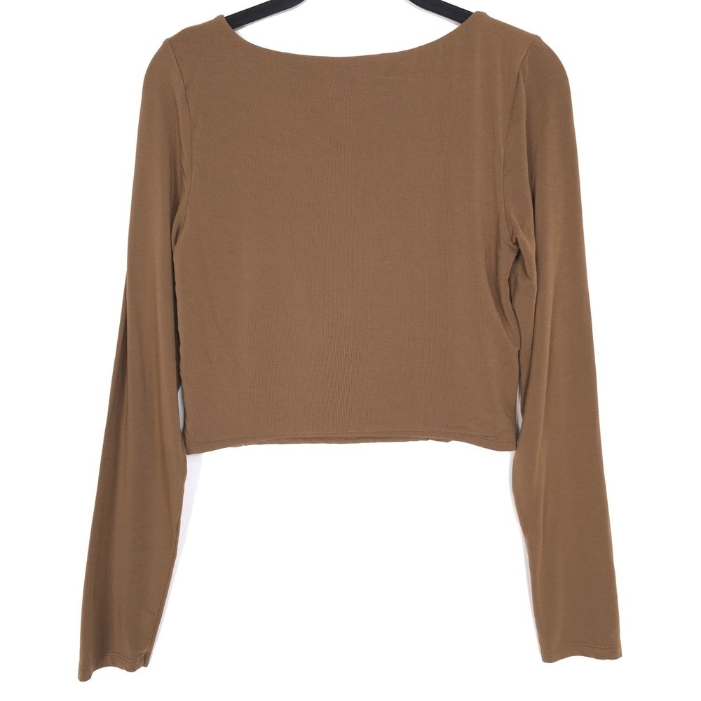 WILFRED FREE Brown Crop Top LARGE Long Sleeve Ruched Scoop Neck Women - Picture 6 of 8